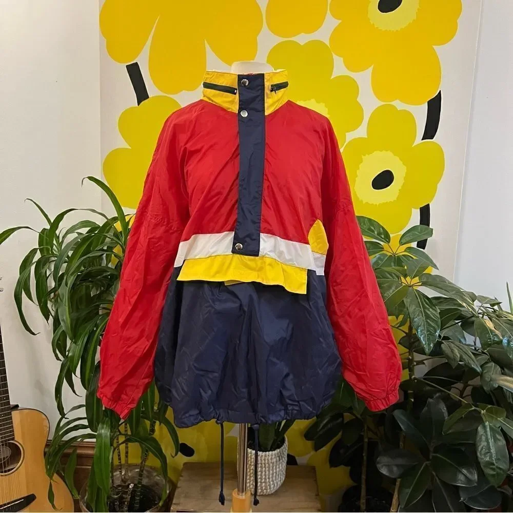 Rad Retro Italian Vintage 1990s Primary Colorblock Winbreaker Pillover Jacket